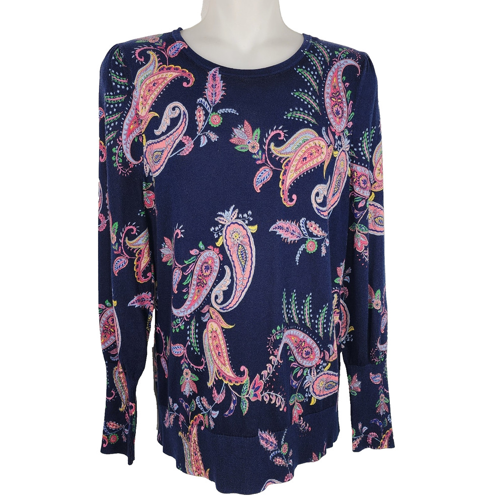 Talbots Womens Shadow Paisley Crewneck Sweater Size XS Navy Artsy Tencel Blend